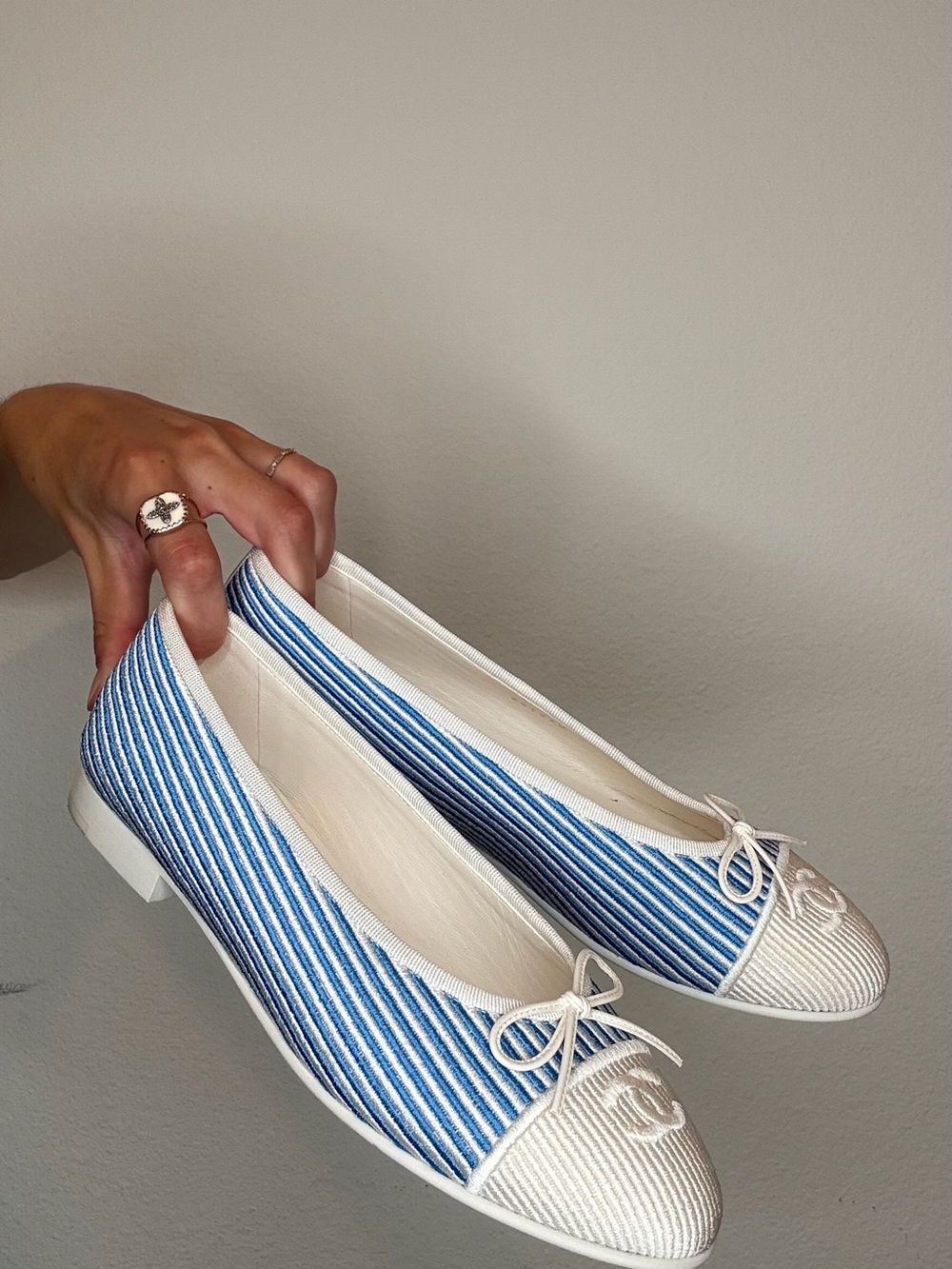 CHANEL Blue & White Striped Canvas Ballet Flats with Bow - Picture 5 of 5